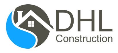 Logo for DHL Construction featuring a house icon inside a dark grey circle, with a blue droplet shape on the left, and the text "DHL Construction".