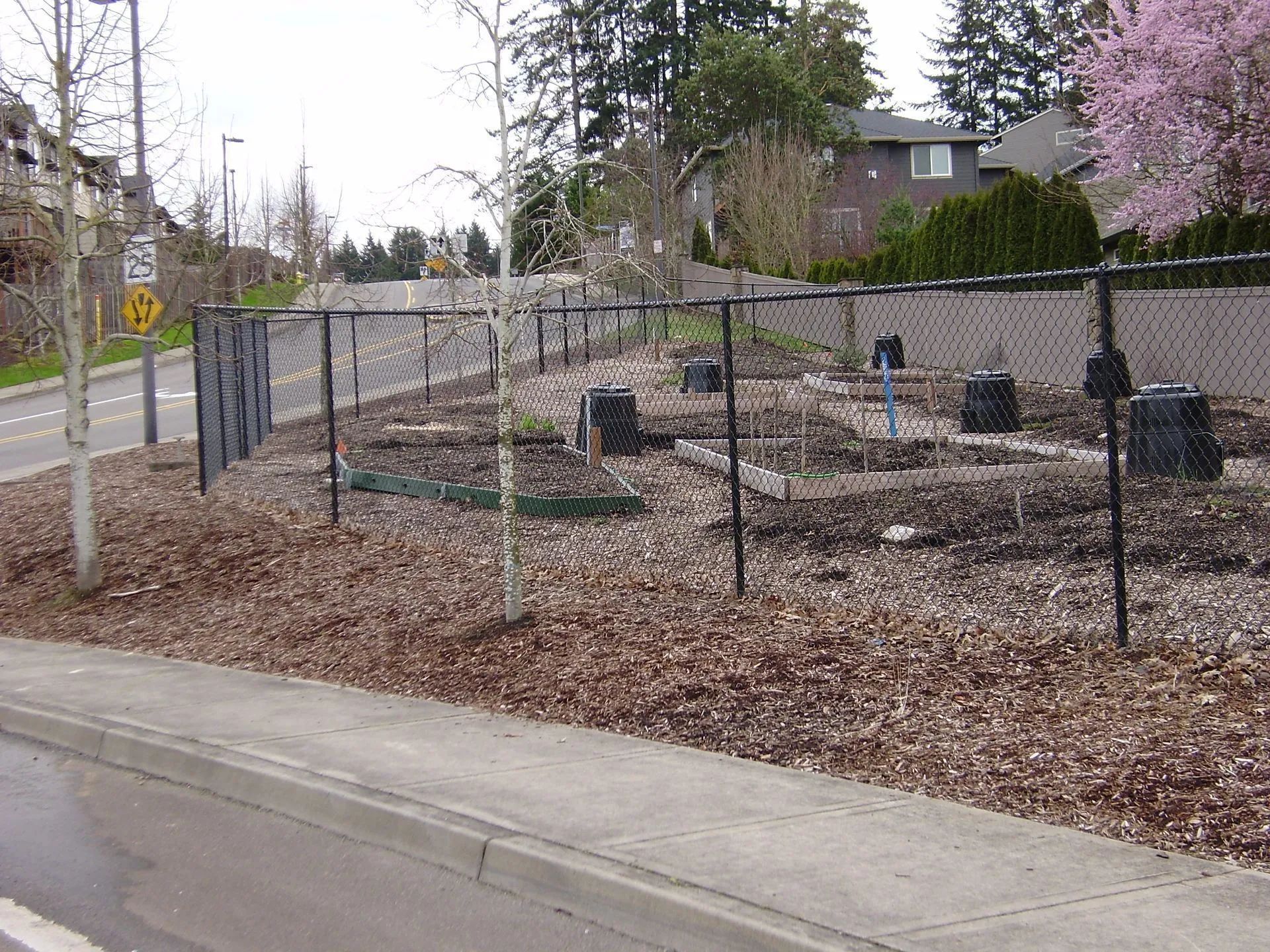 Community garden plot with raised beds and wire fence beside a sidewalk on a cloudy day
