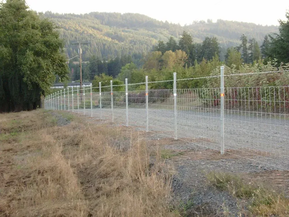 White fence along a gravel path beside grassy fields and trees in a rural valley.