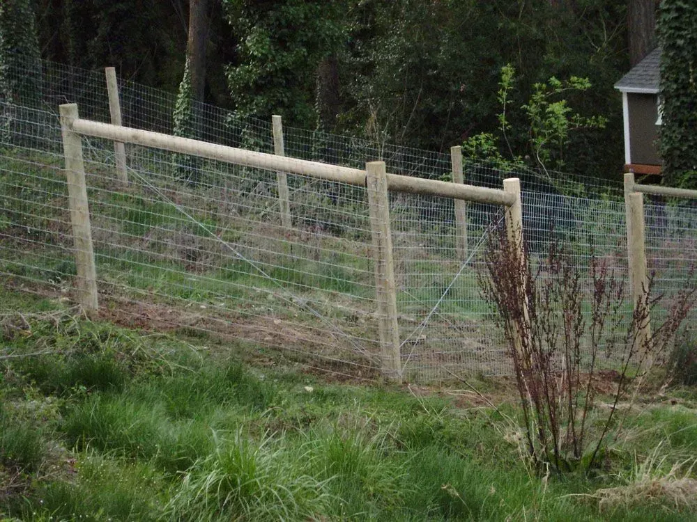 Wooden wire fence on a grassy hillside with trees and a small shed in the background