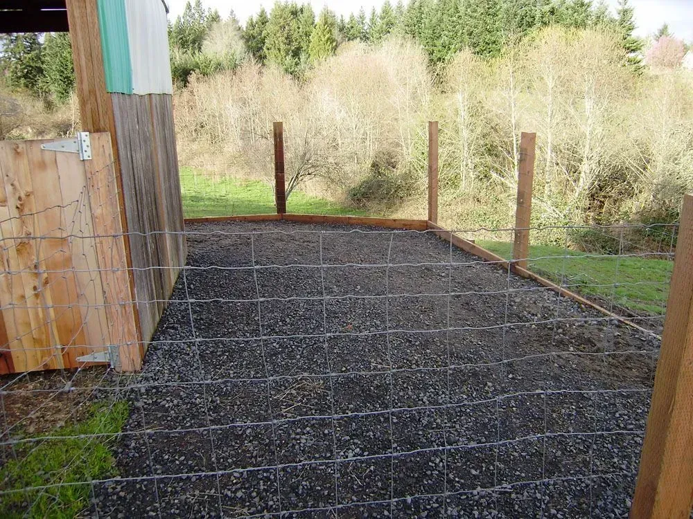 Gravel driveway area beside a wooden structure, with fence posts and trees in the background.