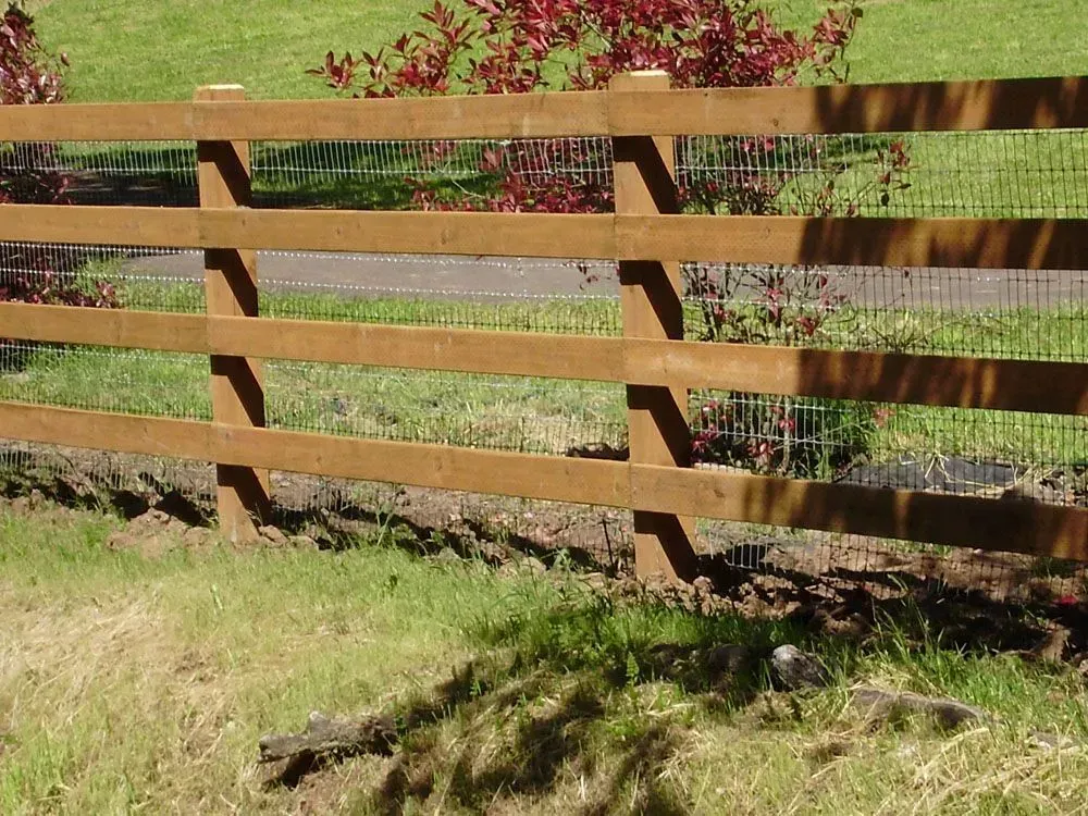 Wooden ranch fence beside a grassy path, with trees and shrubs behind it.