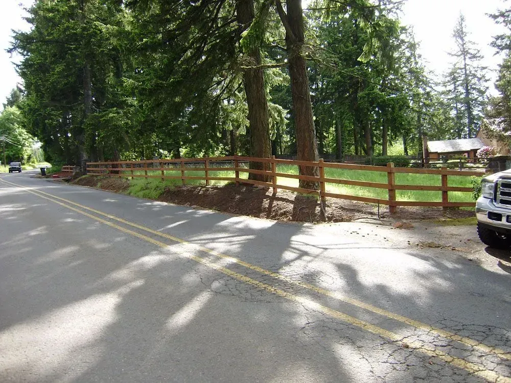 Tree-lined road beside a wooden fence and parked cars in a park-like area