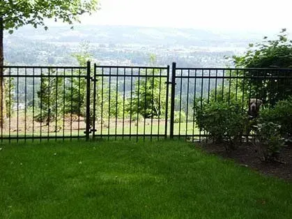 Grassy backyard with black metal fence overlooking a hazy city view and trees