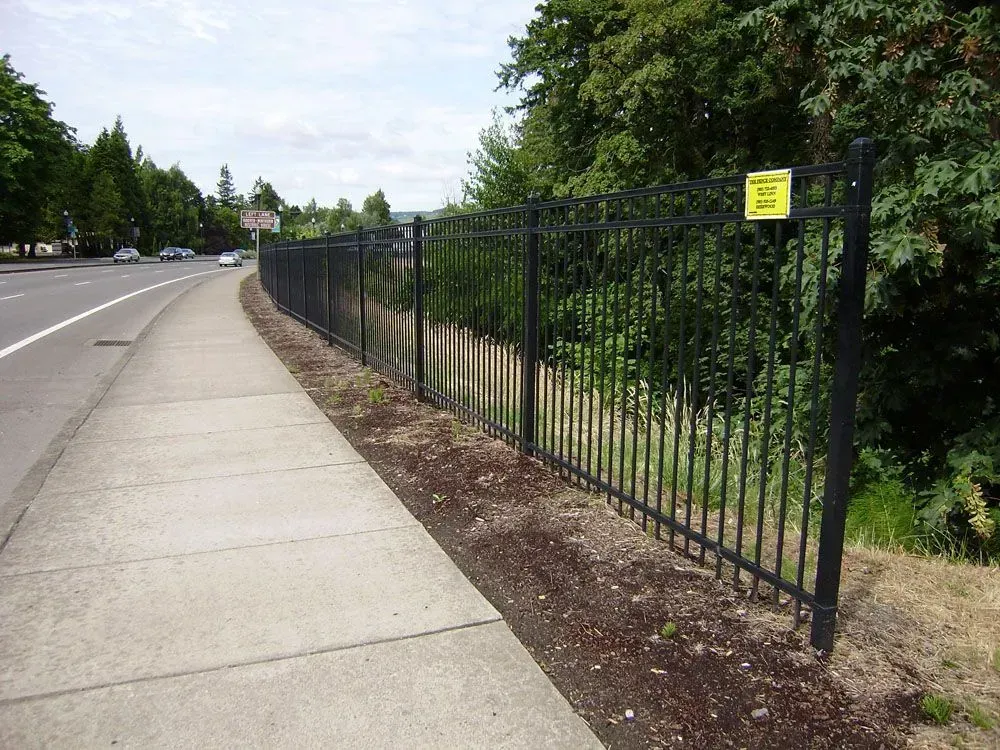 Sidewalk beside a road, with a black metal fence and green trees along the edge.