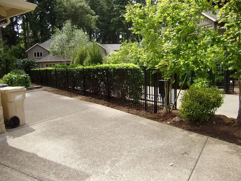Tree-lined paved walkway beside a black metal fence and suburban houses