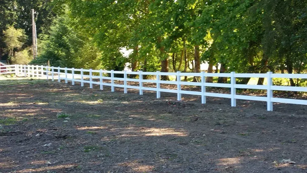 White fence lining a dirt path beside green trees in a sunny rural area