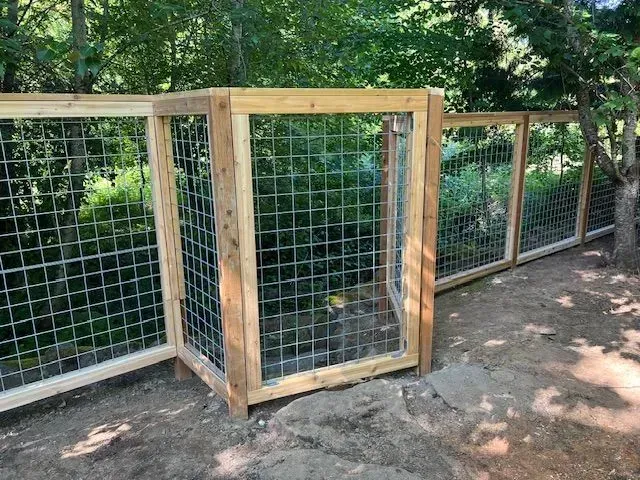 Wooden wire-mesh gate on a fenced path in a leafy outdoor area