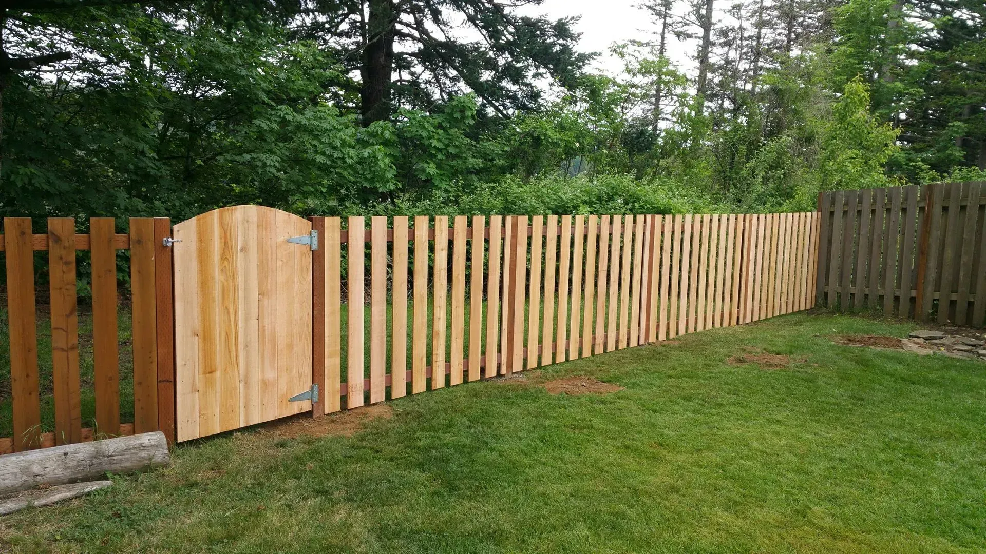 Wooden privacy fence with a matching gate beside a green lawn and trees