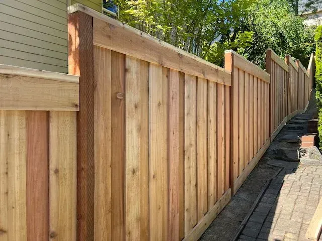 Wooden privacy fence along a narrow brick path beside a house and trees