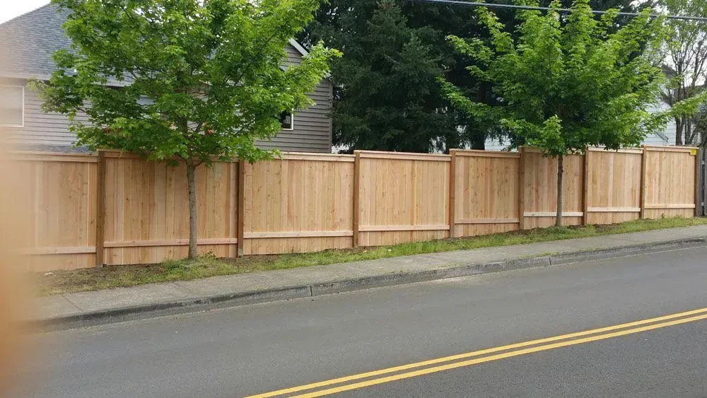 Wooden fence lining a roadside beside leafy green trees and a paved street.
