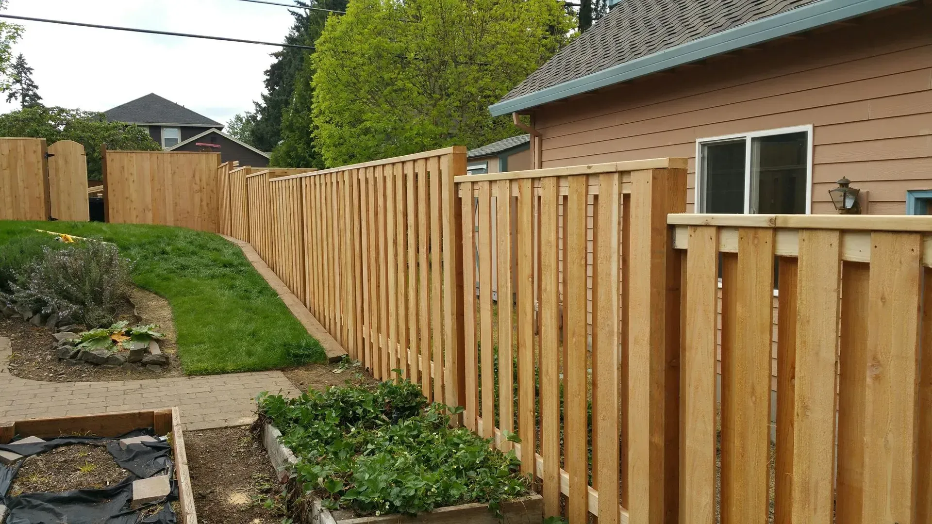 Backyard with a wooden privacy fence and gate along a house, bordered by garden beds and shrubs.