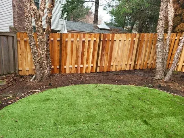 Backyard with green lawn, mulch border, and wooden privacy fence between trees