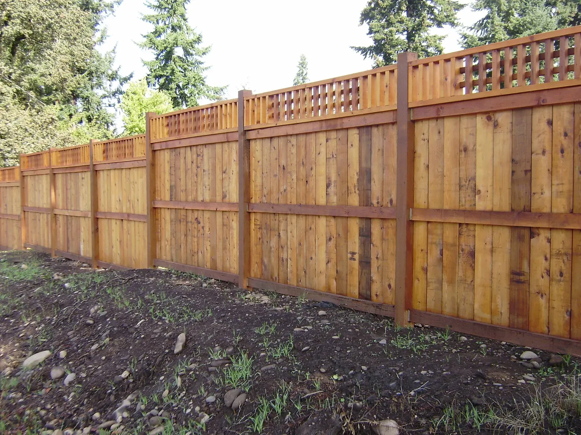 Wooden privacy fence along a sloped dirt yard, with trees behind it.