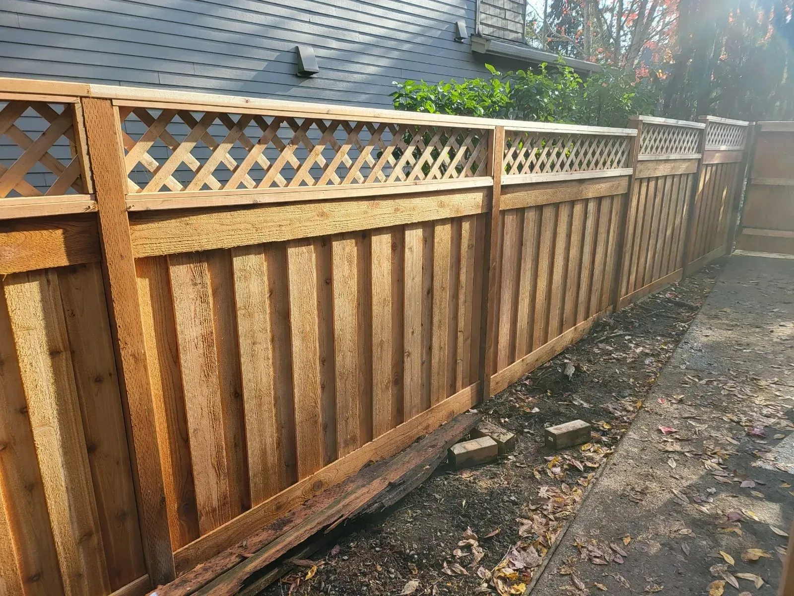 Wooden backyard fence with lattice top beside a paved side yard, covered in fallen leaves.