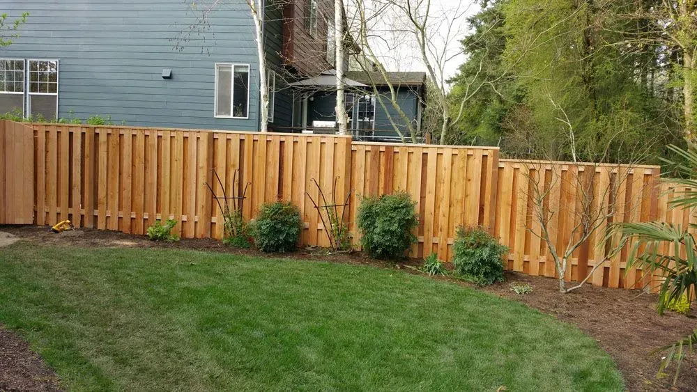 Wooden privacy fence along a green backyard beside a blue house and trees
