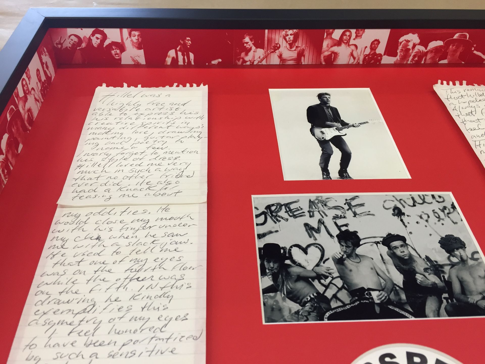 A framed collection of pictures and letters including one that says grease me