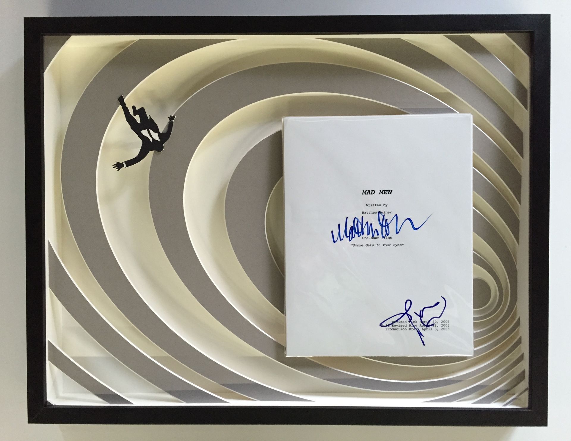 A painting of a man falling into a swirl with a book in the background