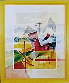 A painting of a red house in a yellow frame