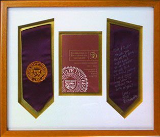 Three purple ribbons are displayed in a wooden frame