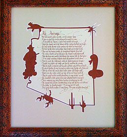 A framed picture of a poem with silhouettes of animals on it.