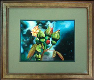 A framed painting of a plant with green buds and a red flower
