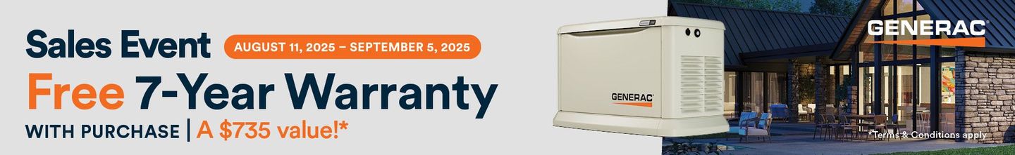 Sales event: Free 7-year warranty with purchase, a $733 value. A Generac generator is displayed with a house in the background.