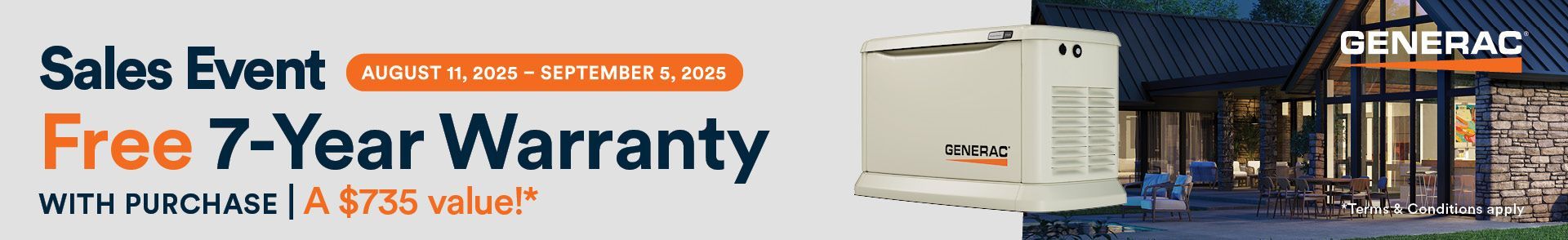 Sales event: Free 7-year warranty with purchase, a $733 value. A Generac generator is displayed with a house in the background.