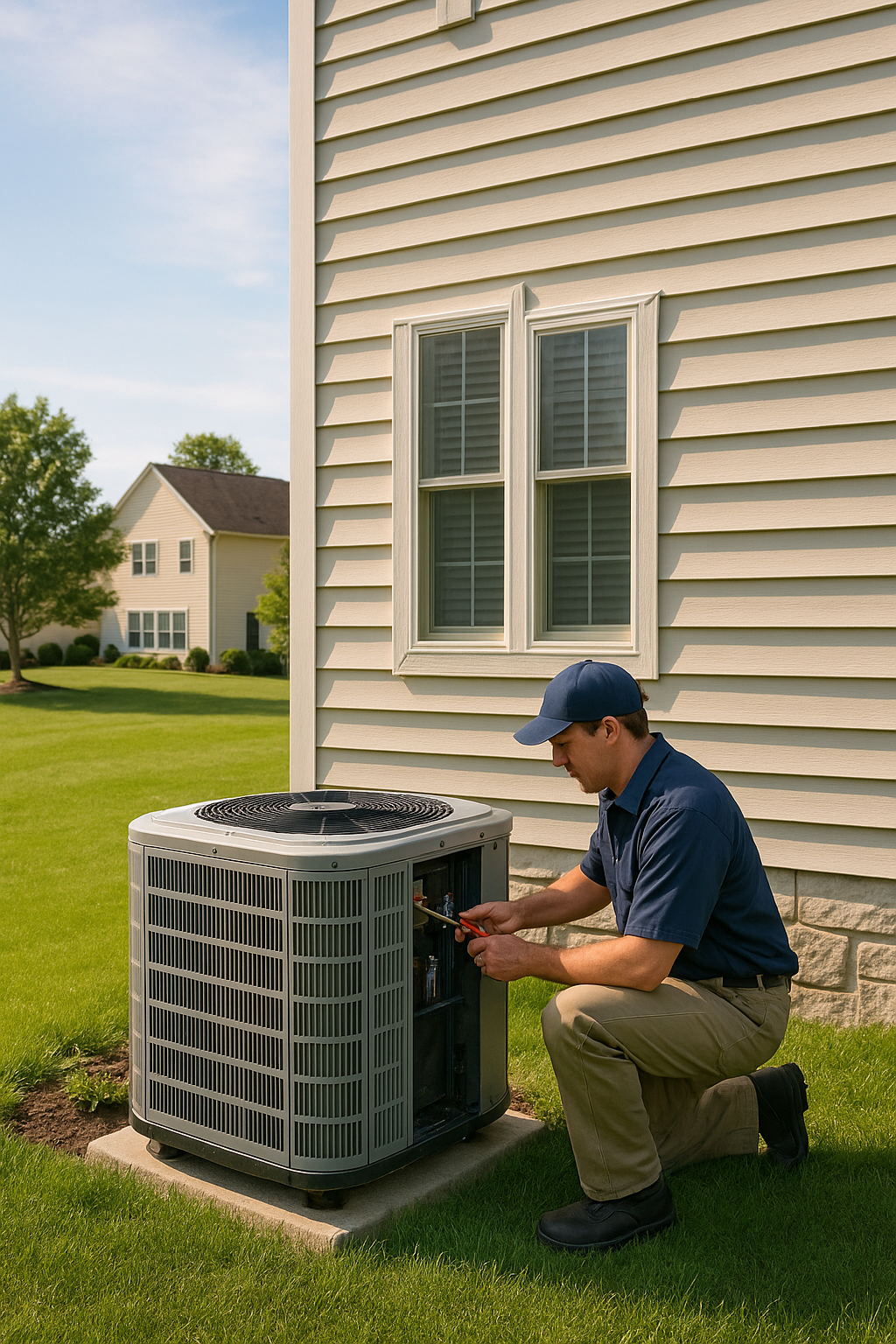 HVAC technician kneeling by an AC unit on a house lawn, working on it under a blue sky.