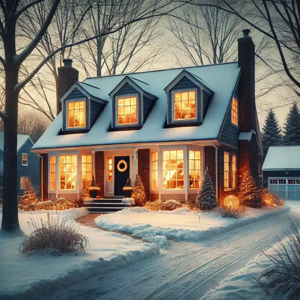 Snow-covered house with glowing windows and Christmas lights, a wreath on the door, and a snowy driveway.