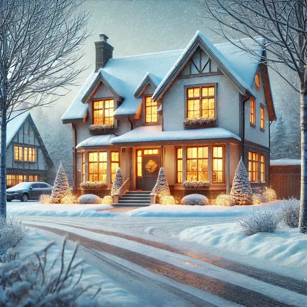 Snow-covered house at dusk, lit windows, decorated with lights and greenery, snowy driveway and trees.
