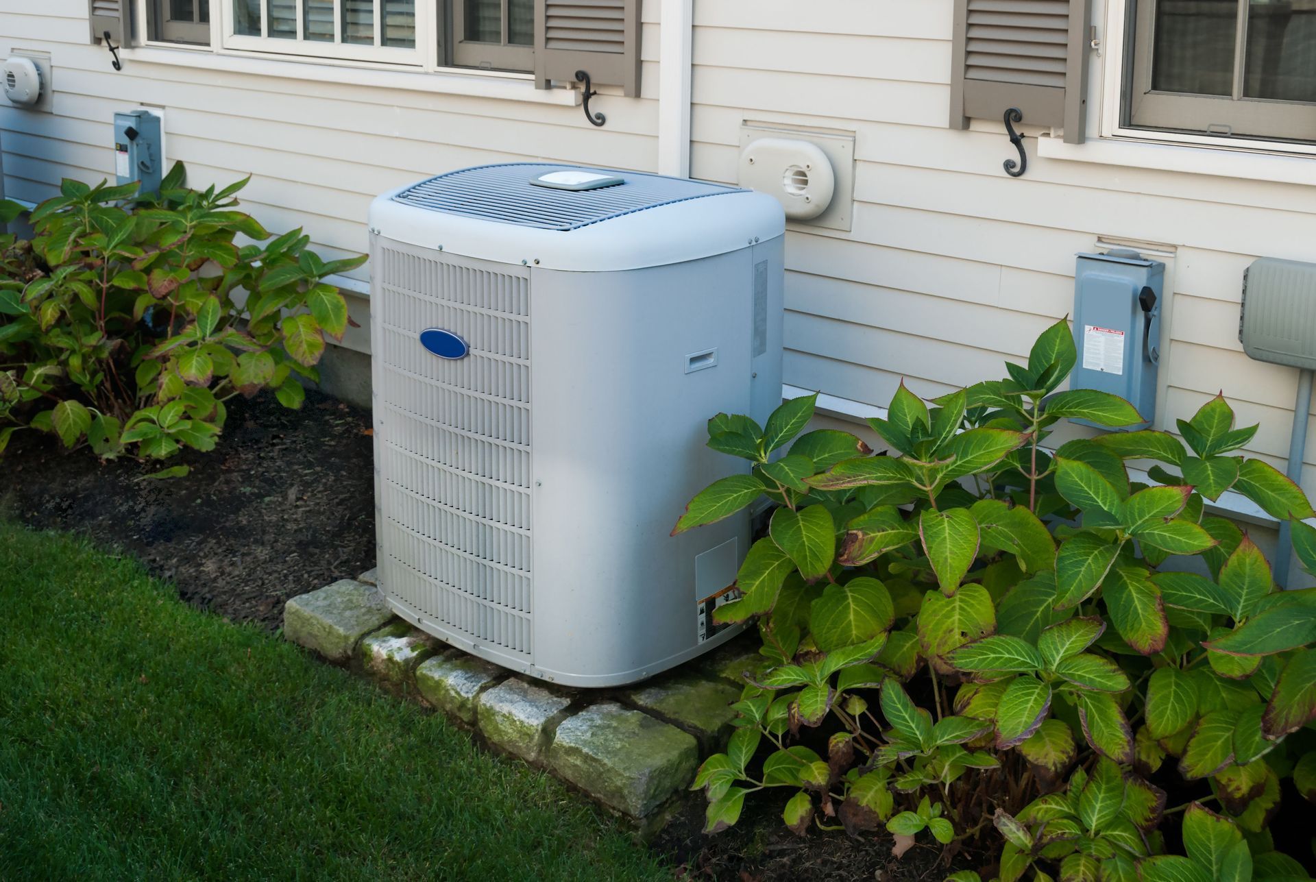 Air conditioning unit next to a house with shrubs.