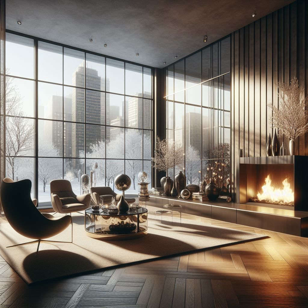 Modern living room with fireplace, city view, and lounge seating, bathed in sunlight.