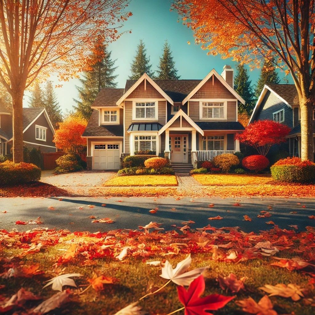Suburban house in autumn, with colorful leaves on the ground and trees, under a bright blue sky.