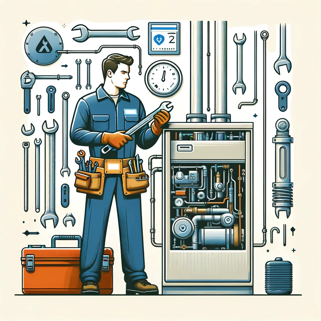 Plumber in blue overalls working on machinery, surrounded by tools. Orange toolbox and gloves visible.