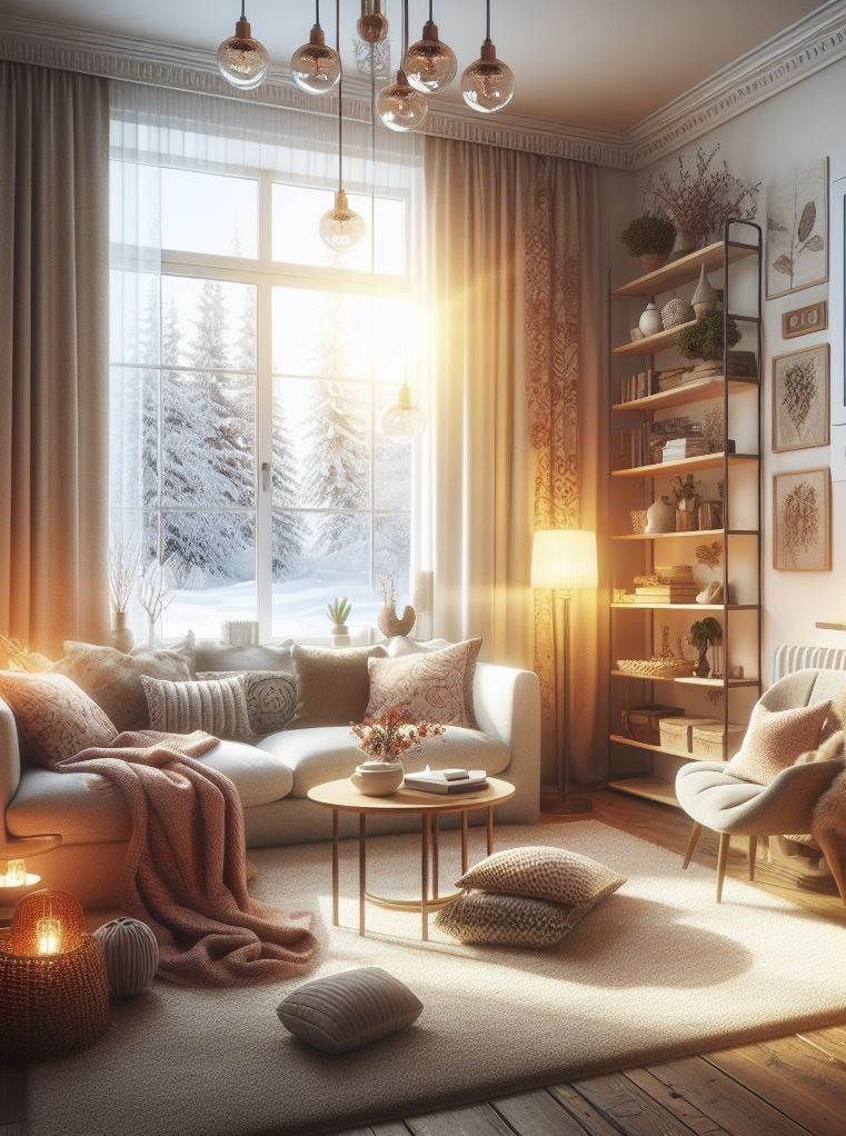 Cozy living room with snowy view. White couch, pink blanket, shelves with plants, and warm lighting.