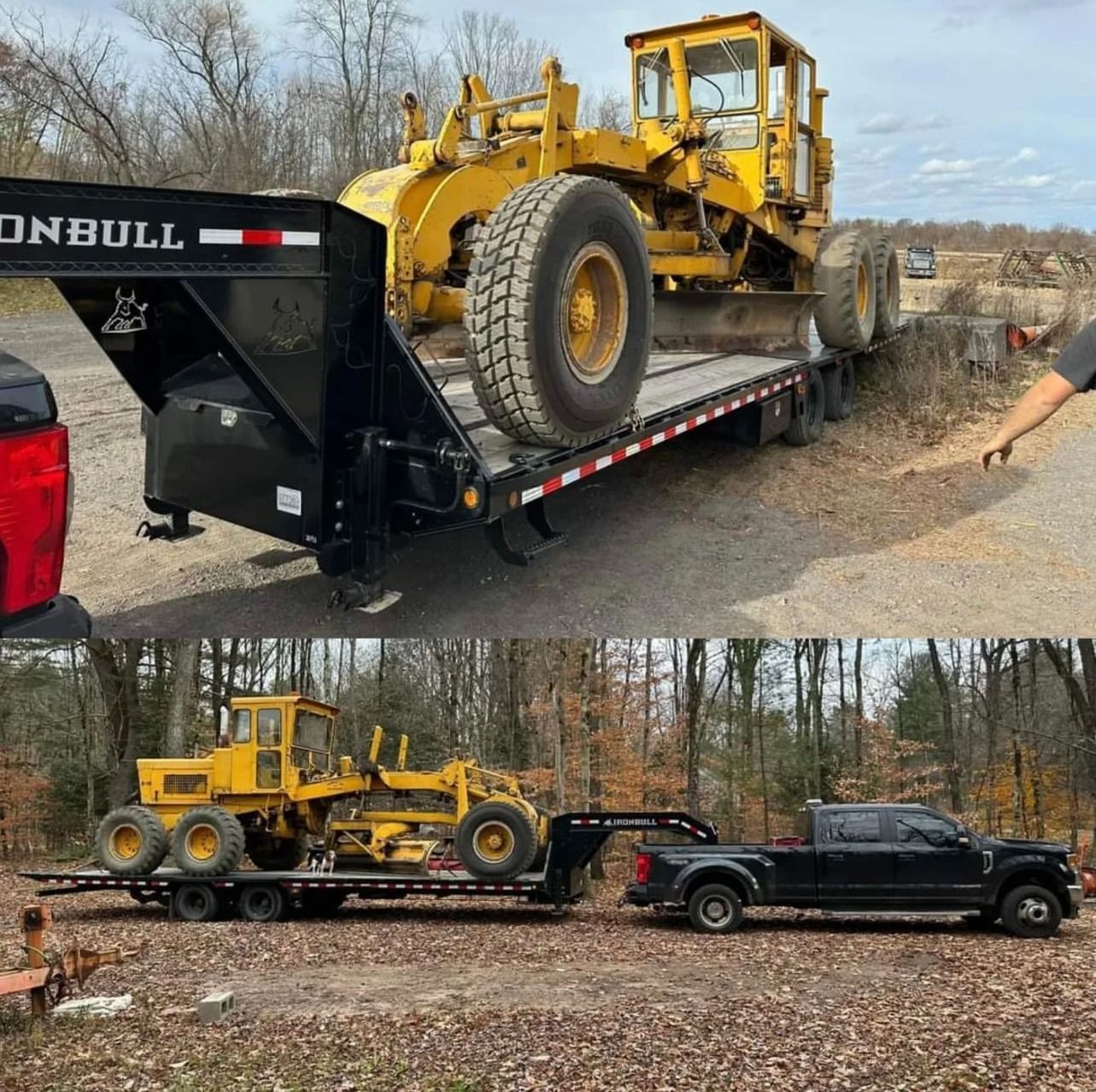 Yellow grader on black trailer, being towed by black truck in an outdoor setting.