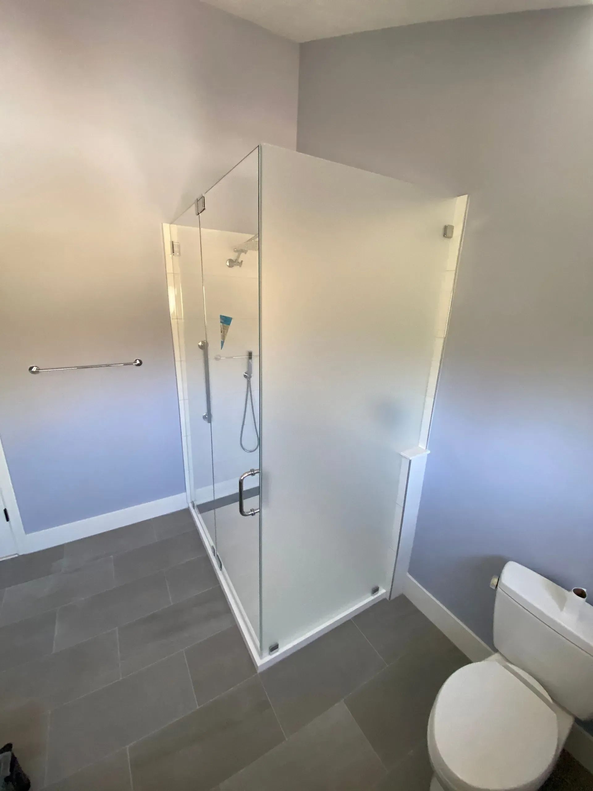 Corner shower with frosted glass, gray tile floor, toilet on right, light purple walls.