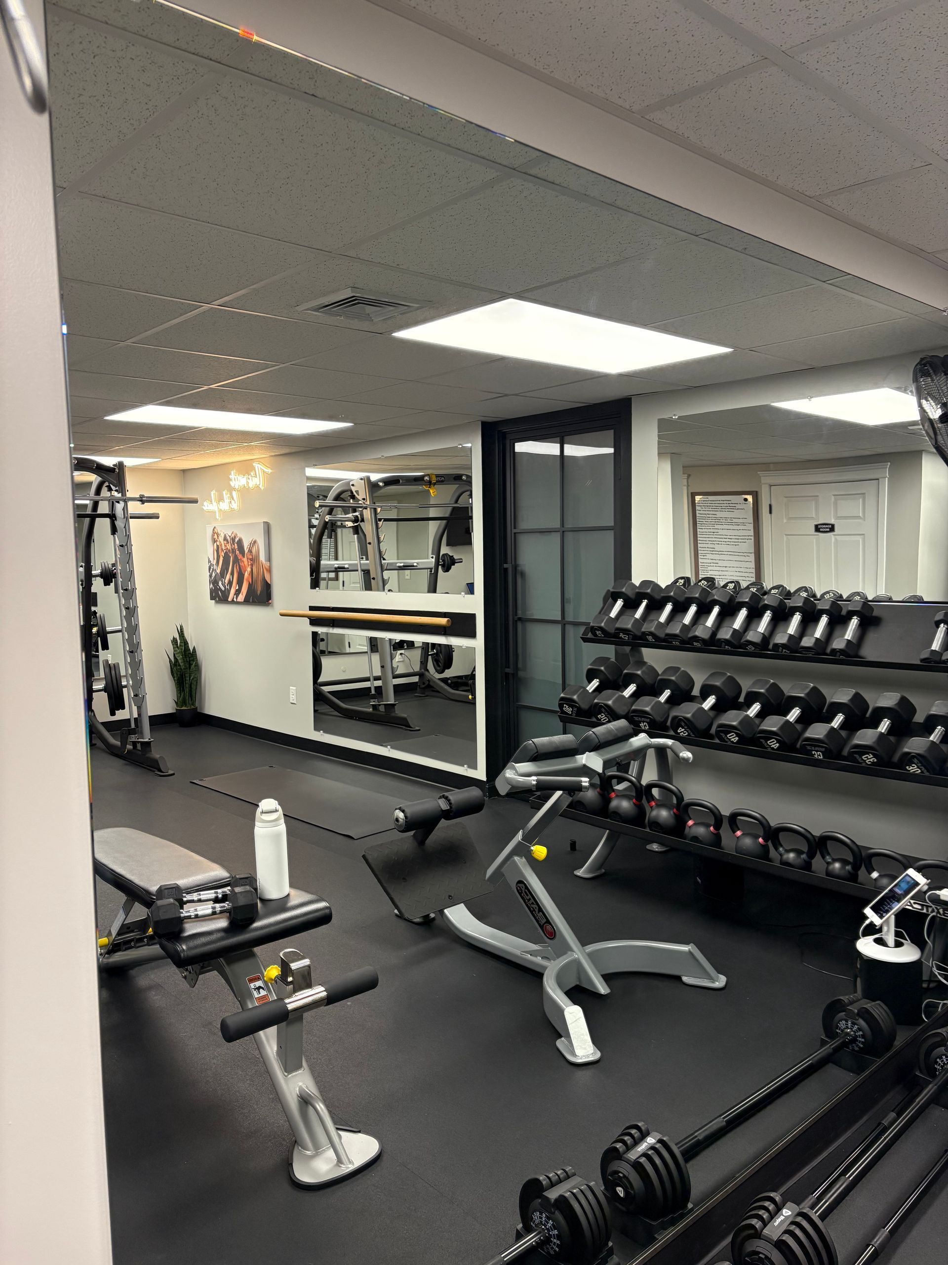 Home gym with weights, benches, and machines on black rubber flooring. Mirrors and lights brighten the space.