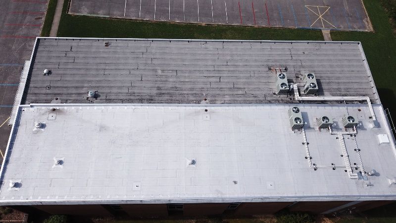 An aerial view of the roof of a building.