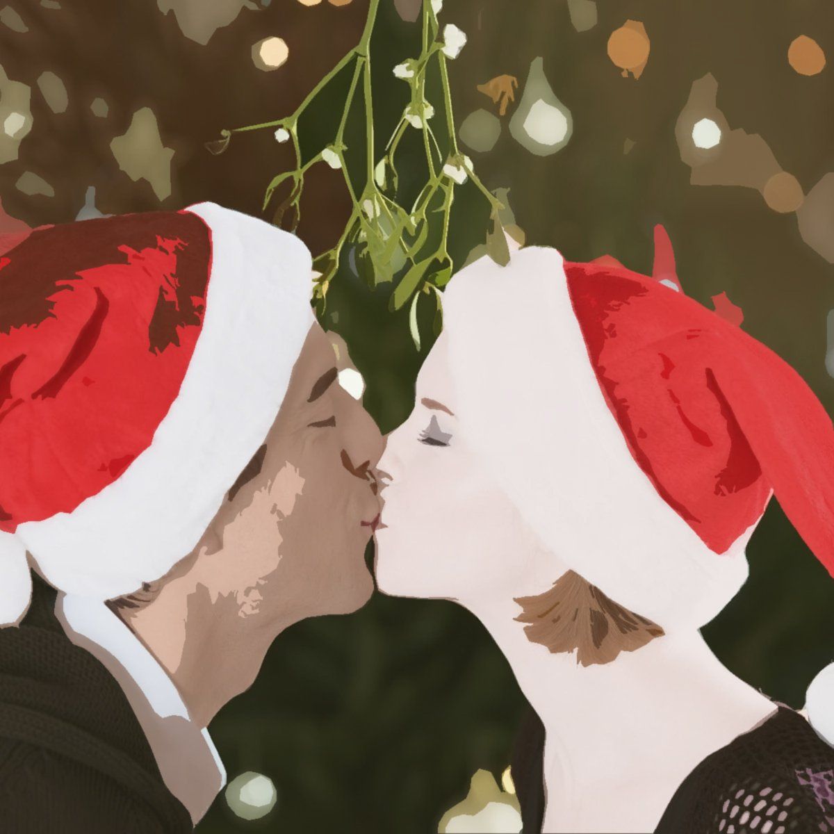 Two people in Santa hats kissing beneath mistletoe with holiday lights in the background