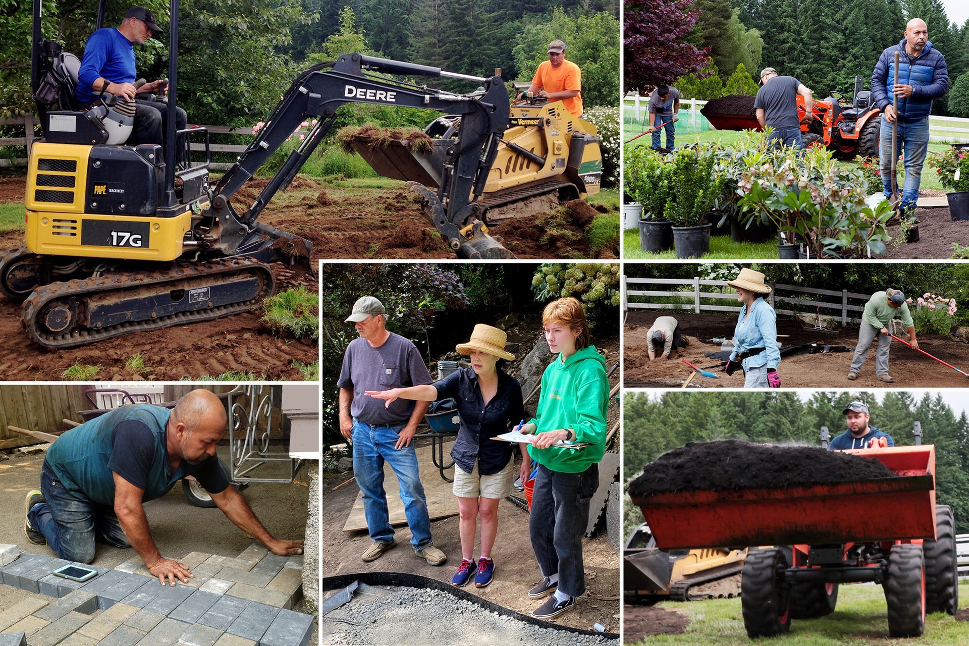 Community members using tools and a small excavator to build and repair a stone path in a garden.