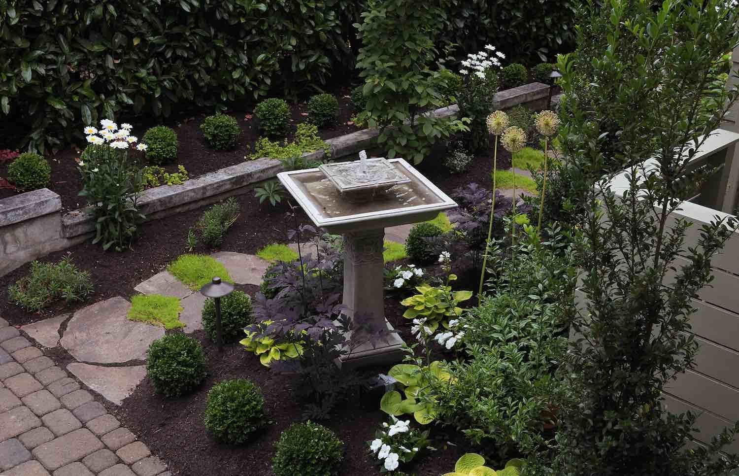 Small landscaped garden with stone path, birdbath, shrubs, and flowering plants