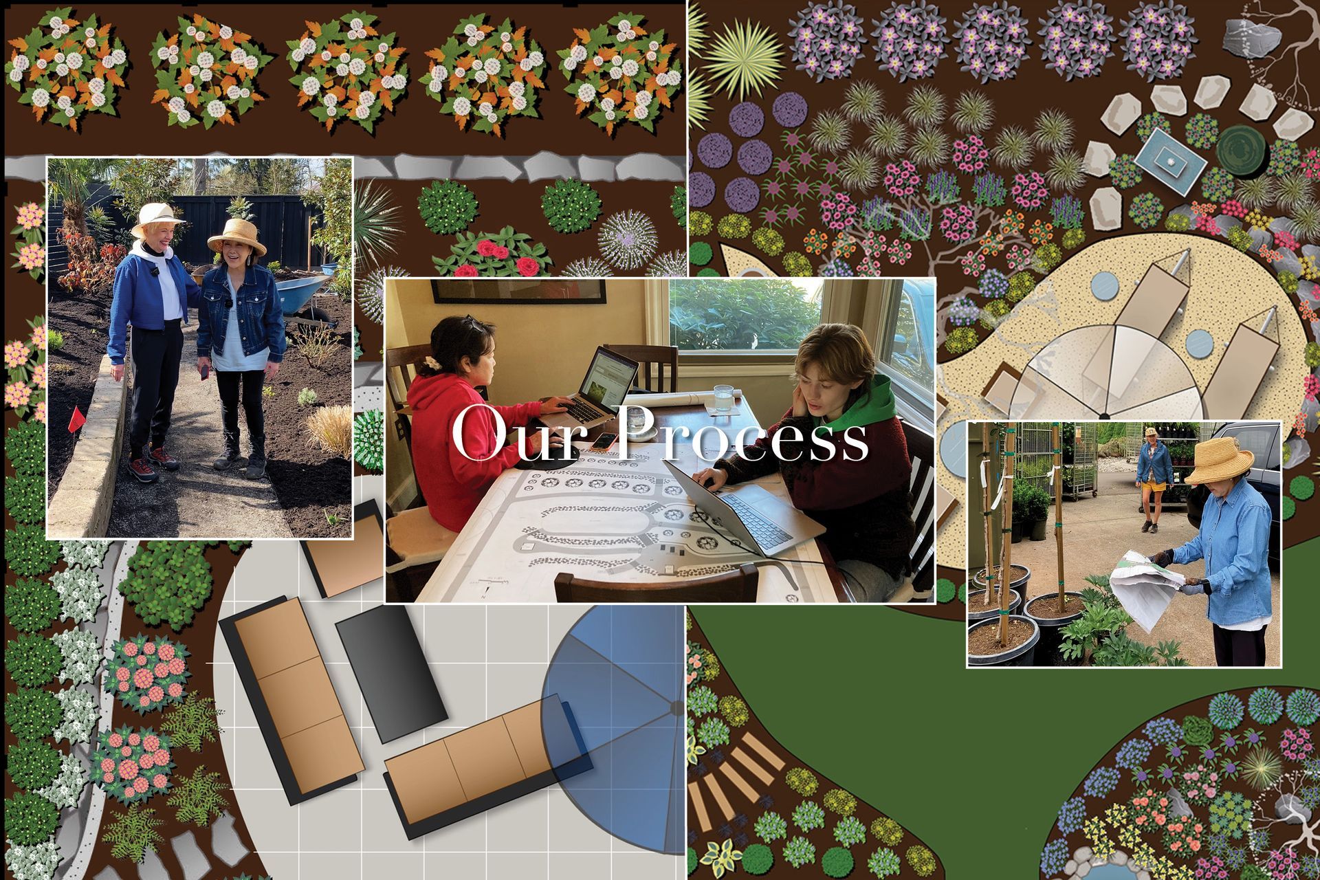 Collage of floral pattern designs and people working with materials in an outdoor garden setting with “On Process” text