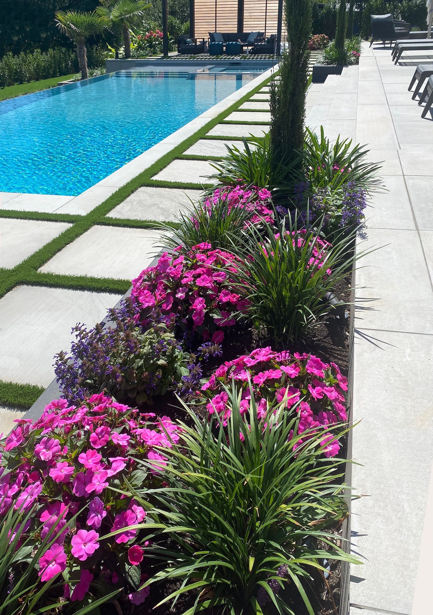 Poolside flower bed with bright pink blooms along a paved walkway