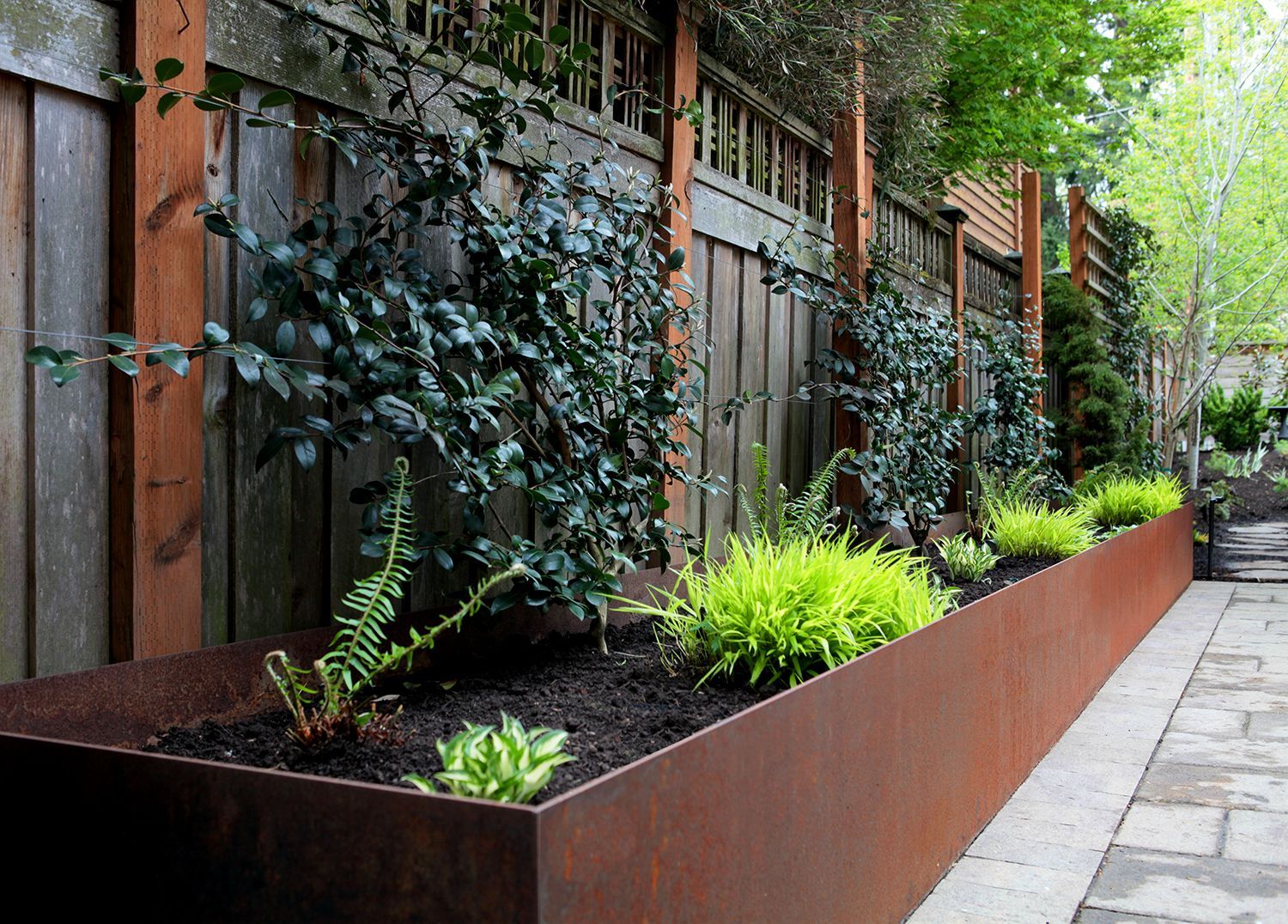 Raised planter with lush green plants beside a wooden fence and stone walkway in a garden