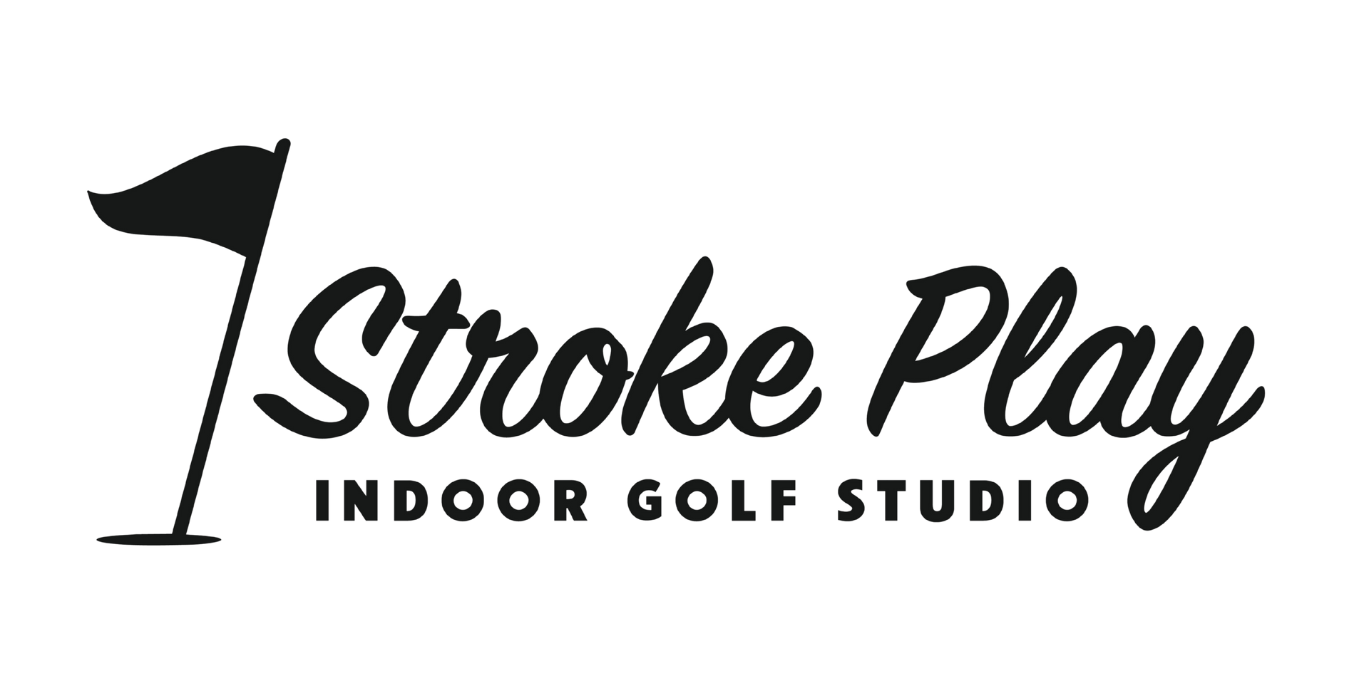 Stroke Play Indoor Golf Studio logo with black golf flag and script text on white background