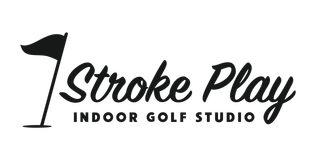 Stroke Play Indoor Golf Studio logo with black golf flag and script text on white background