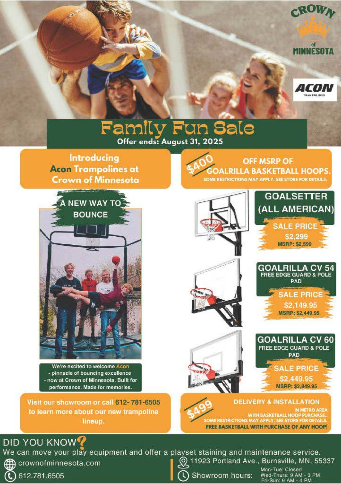 Advertisement for ACON trampolines at Crown of Minnesota. Family enjoying trampolines, basketball hoops, and pricing details.