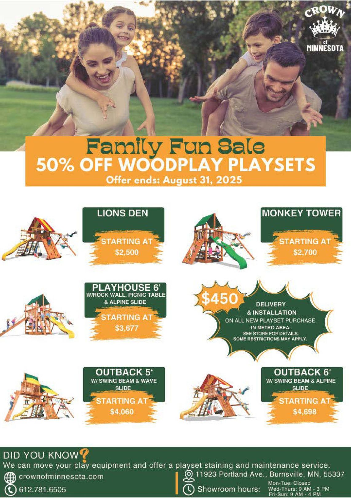 Ad for Woodplay playsets: family playing in the background, text overlay promoting a 50% off sale, featuring playset models and pricing.